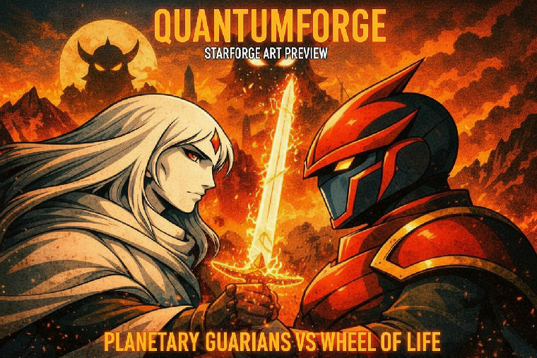 Quantumforge key-art — a white-haired Guardian and a red horned Knight over a glowing orb beneath a bloodmoon