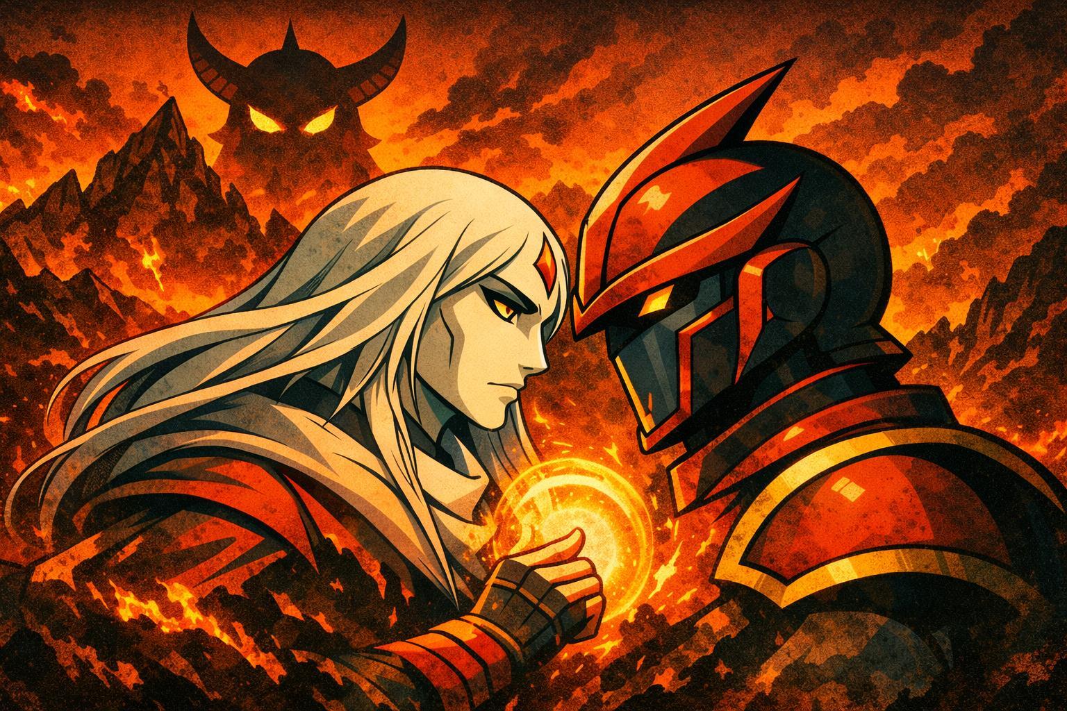 Quantumforge — Planetary Guardians vs the Wheel of Life: the white-haired Guardian and the red horned Knight clash over a glowing orb as the Bloodmoon demon looms over a lava field