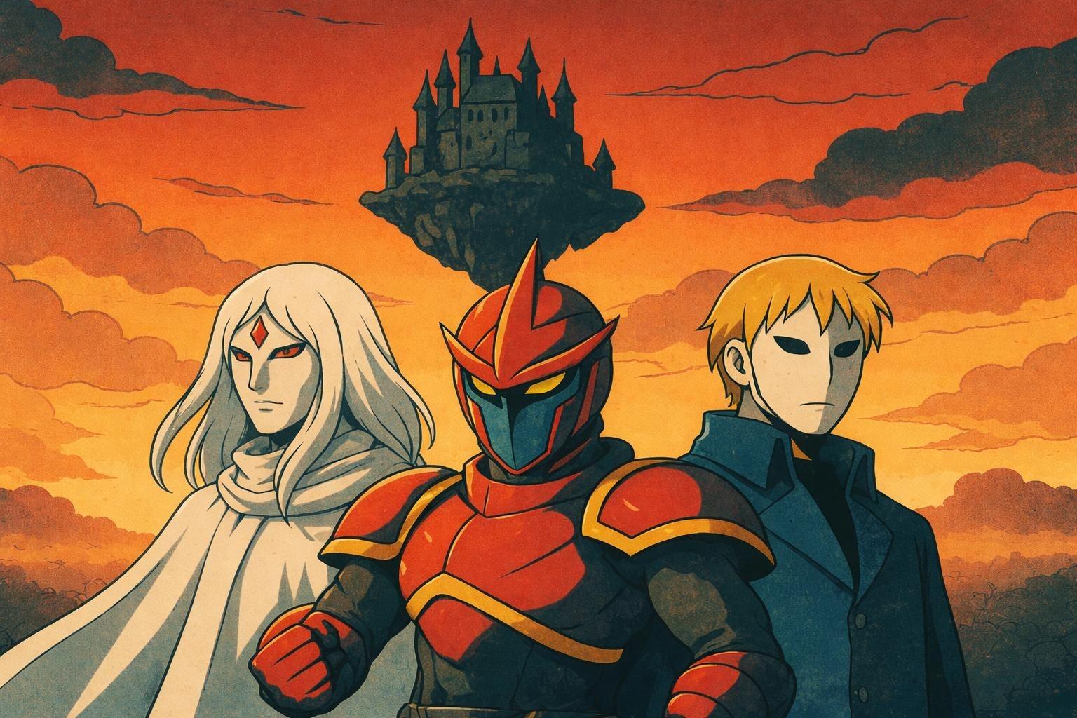 The three Planetary Guardians beneath a floating castle in a burning sky